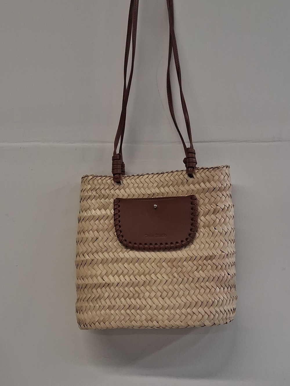 Womens Craie Studio Woven Straw Shoulder Tote with Brown Leather Trim